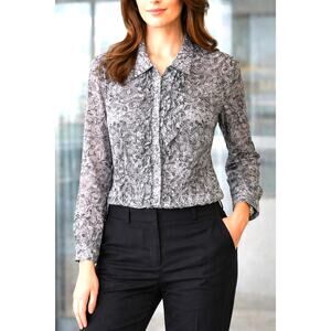 Joan Rivers Gray Paisley Ruffle Blouse Size 16 Sheer Button Front Tuxedo Top